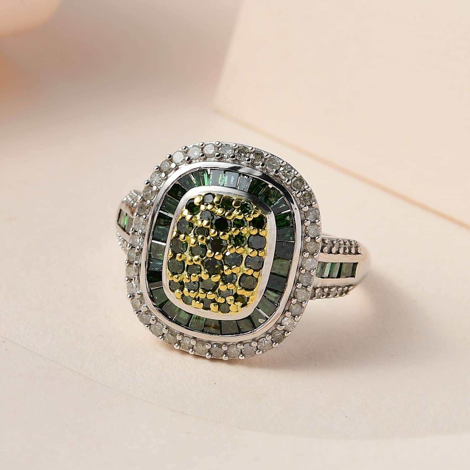 Buy Green and White Diamond Cocktail Ring in Platinum Over