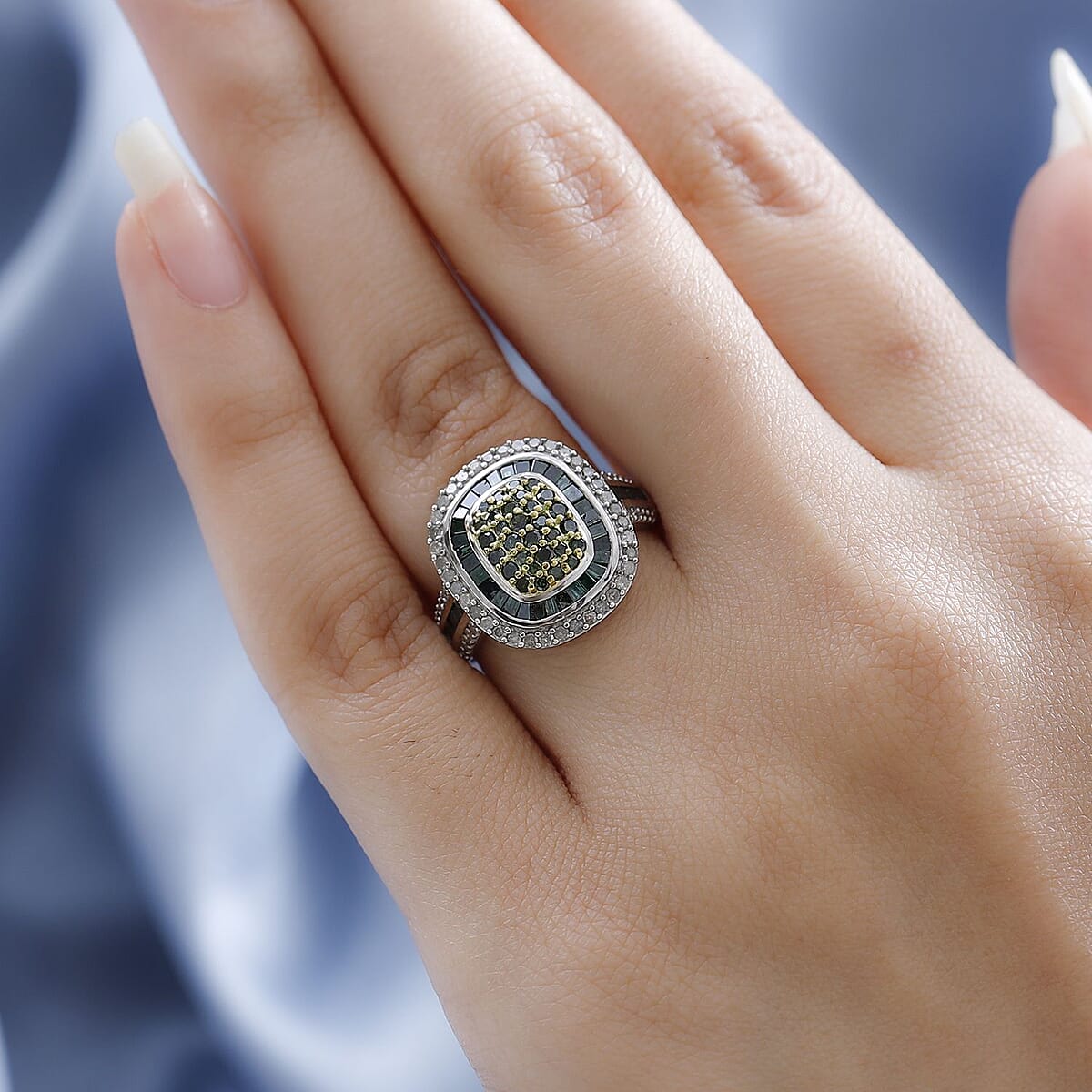 Green and White Diamond Cocktail Ring in Platinum Over Sterling Silver (Size 8.0) 1.50 ctw image number 2