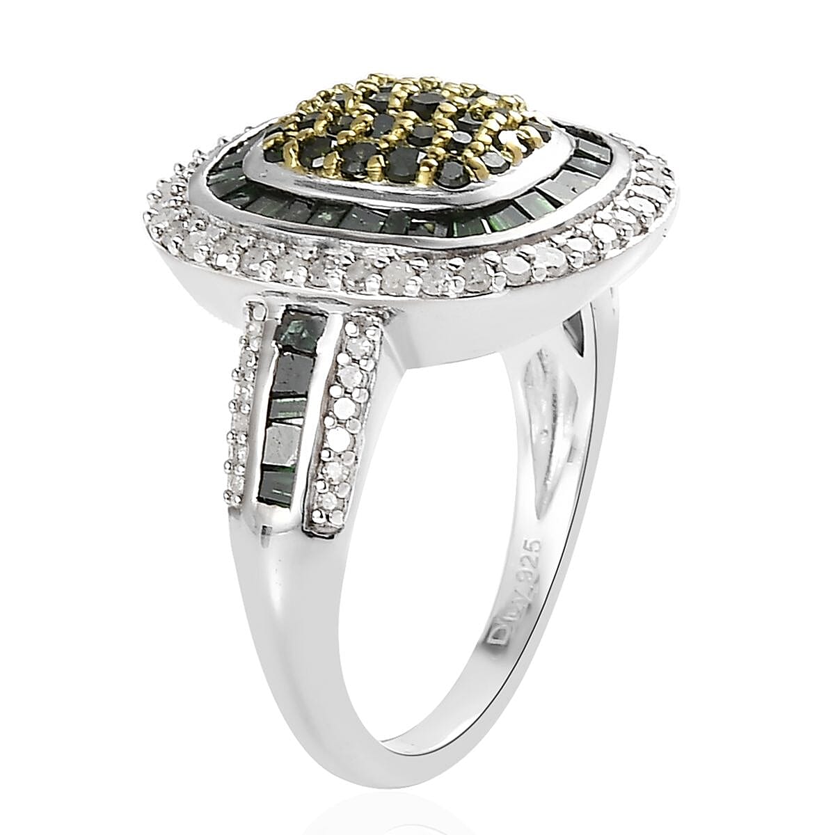 Green and White Diamond Cocktail Ring in Platinum Over Sterling Silver (Size 8.0) 1.50 ctw image number 3