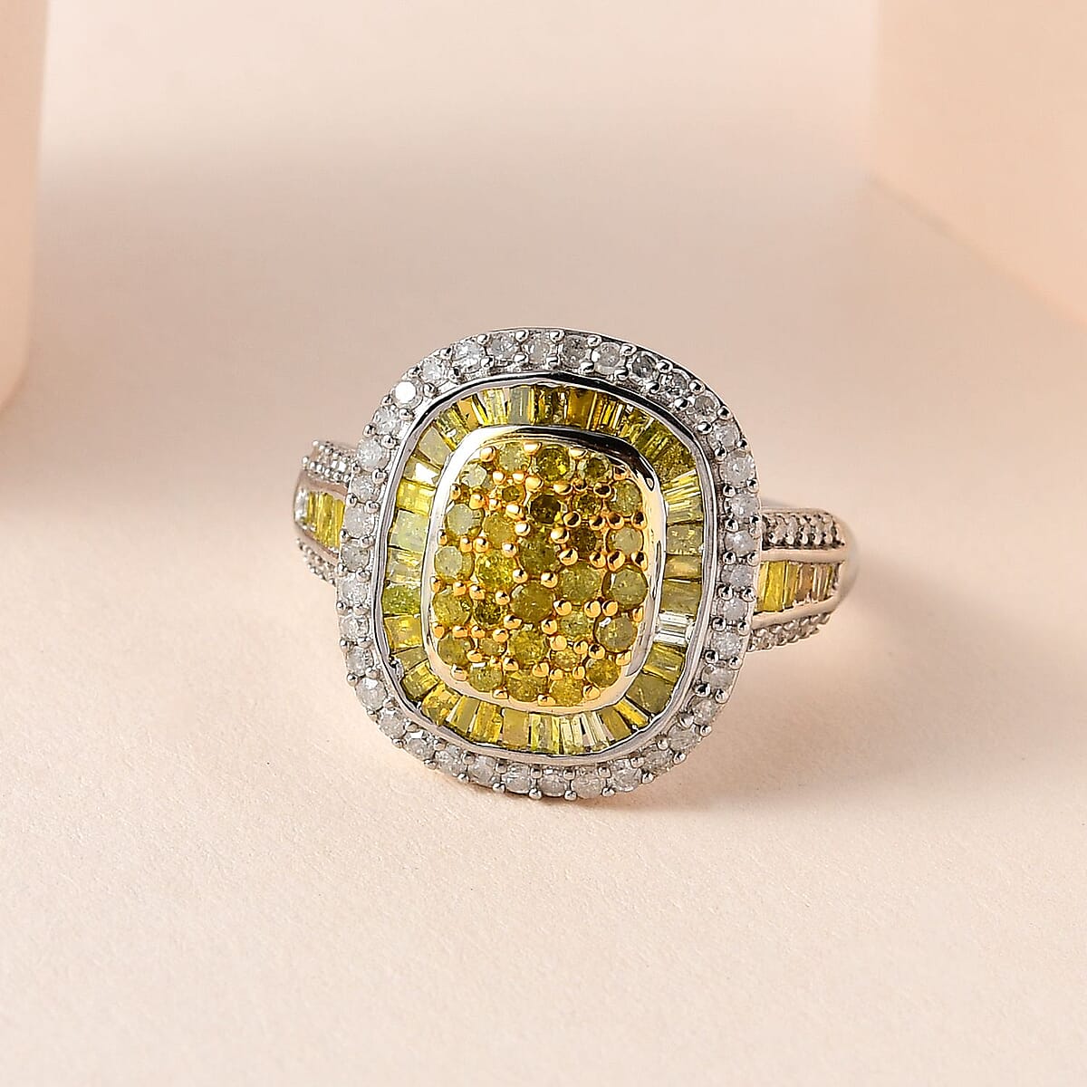 Yellow and White Diamond Ring in Platinum Over Sterling Silver (Size 7.0) 1.50 ctw image number 1