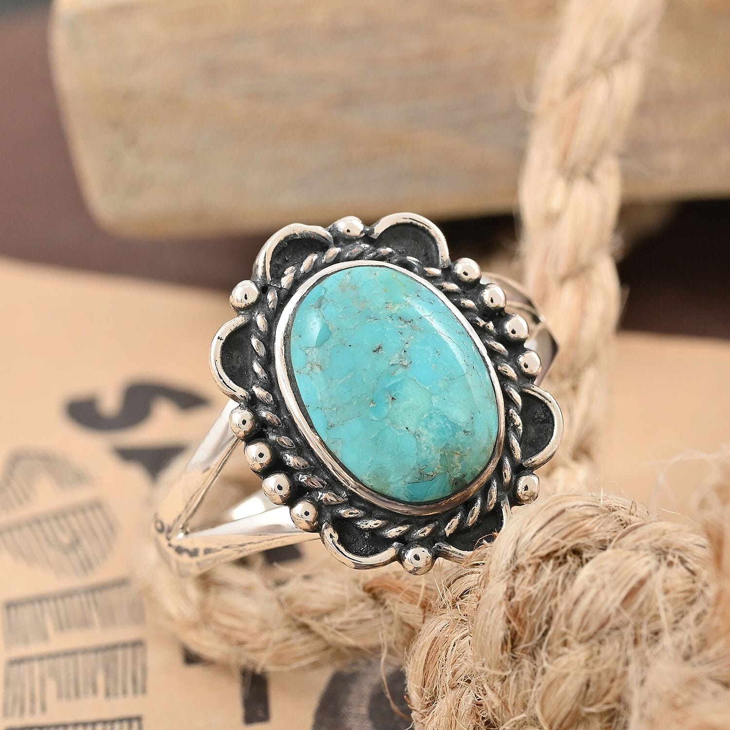 Santa Fe Style Kingman Turquoise Ring in Sterling Silver (Size 10.0) 3.25 ctw