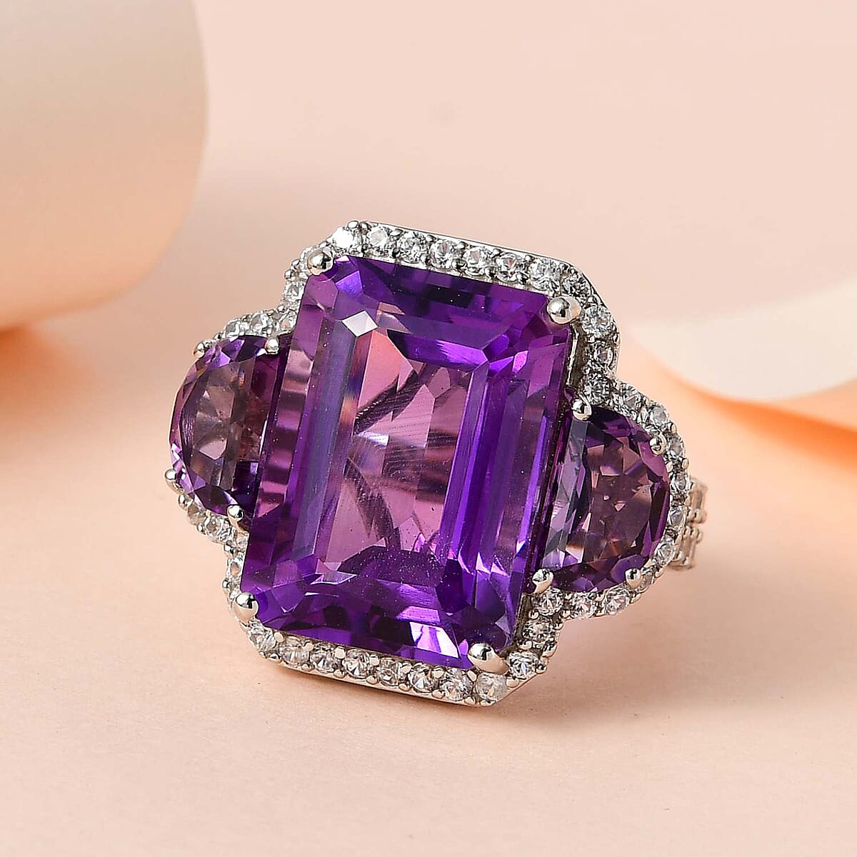 Amethyst and White Zircon Ring in Platinum Over Sterling Silver 19.70 ctw image number 1