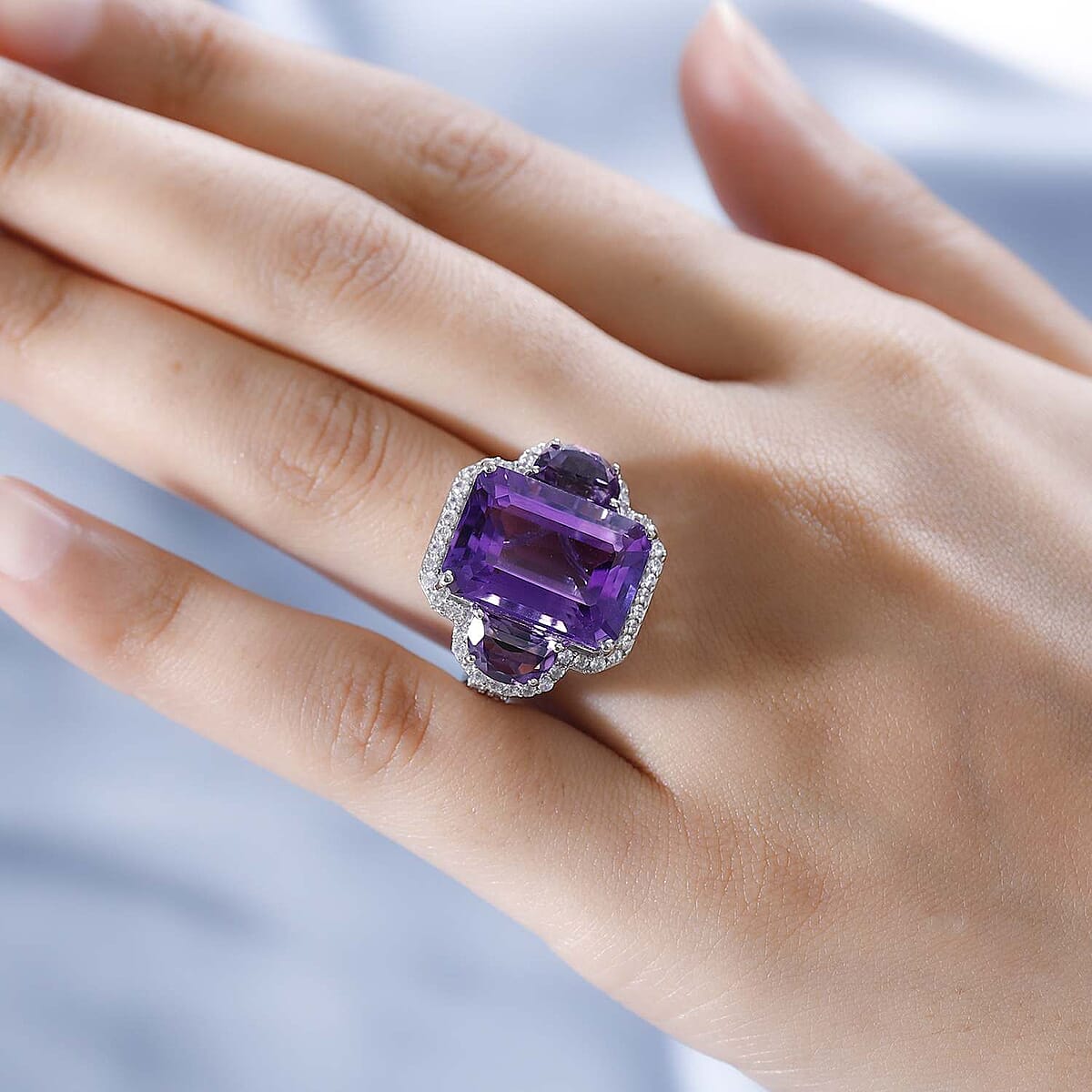 Amethyst and White Zircon Ring in Platinum Over Sterling Silver 19.70 ctw image number 2
