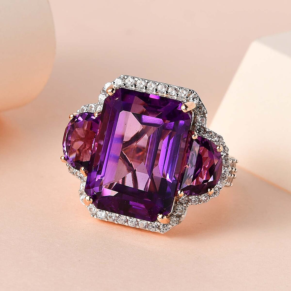 African Amethyst and White Zircon Ring in Vermeil Rose Gold Over Sterling Silver (Size 7.0) 19.70 ctw image number 1