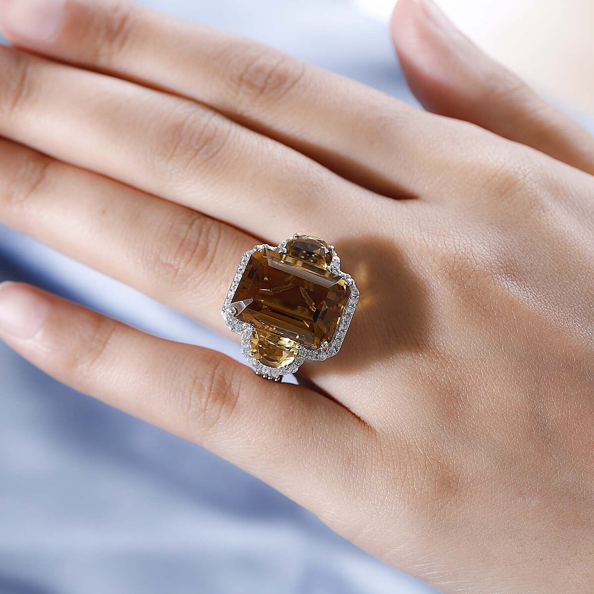Brazilian Citrine and White Zircon Ring in Platinum Over Sterling Silver 19.85 ctw image number 2