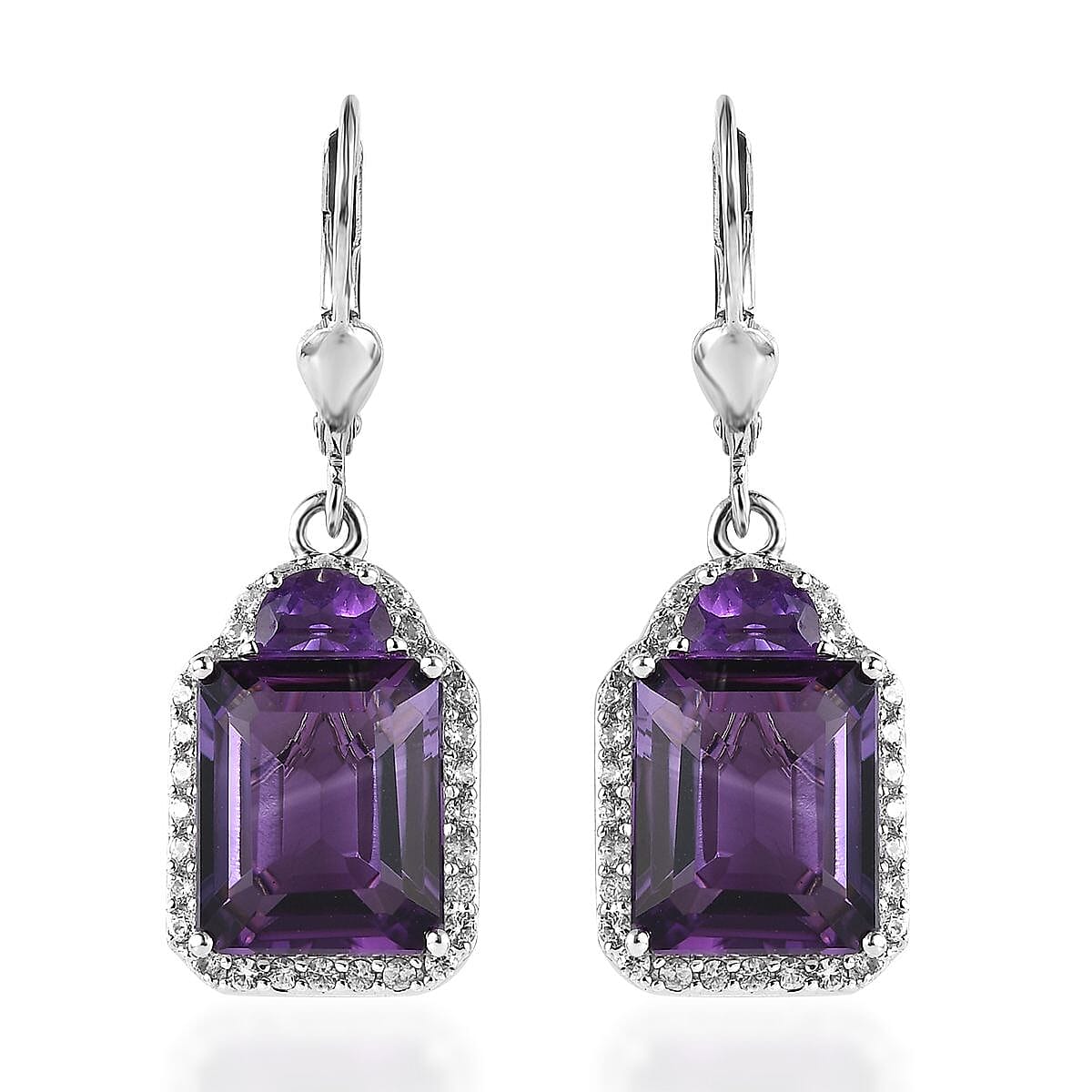 Amethyst and White Zircon Lever Back Earrings in Platinum Over Sterling Silver 9.85 ctw image number 0