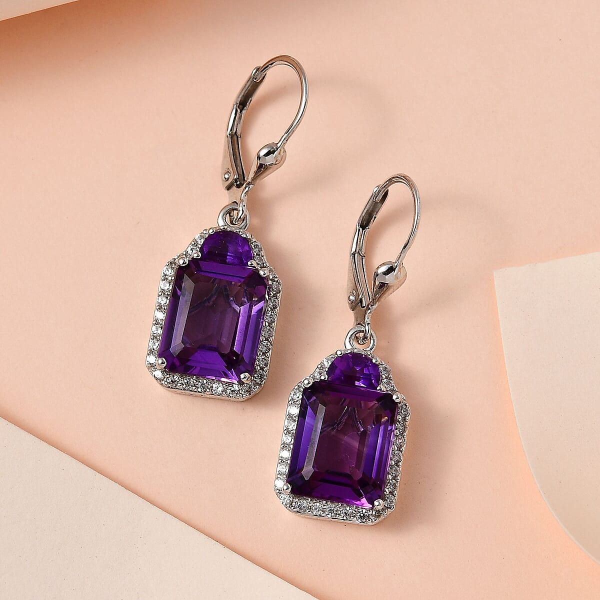 Amethyst and White Zircon Lever Back Earrings in Platinum Over Sterling Silver 9.85 ctw image number 1