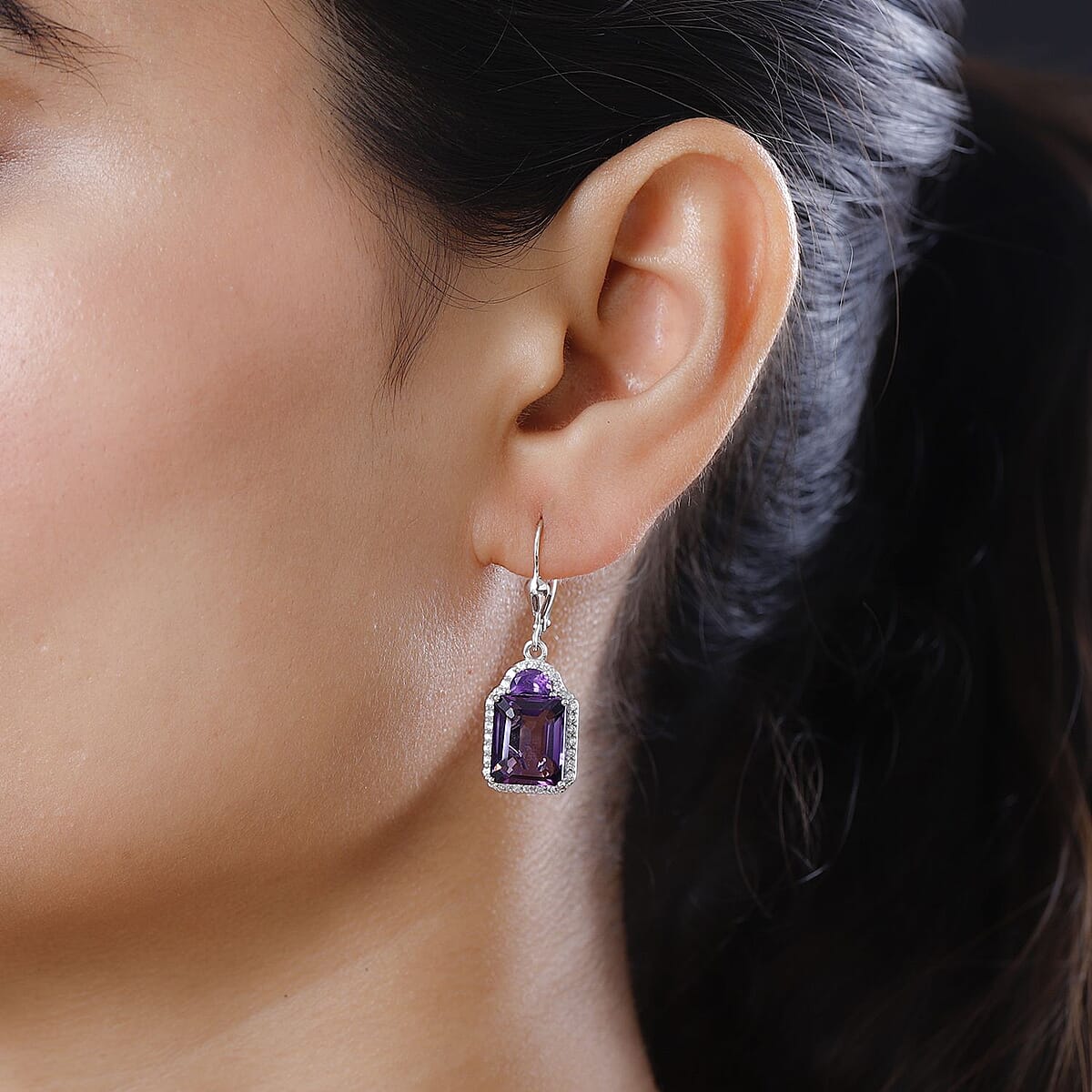 Amethyst and White Zircon Lever Back Earrings in Platinum Over Sterling Silver 9.85 ctw image number 2