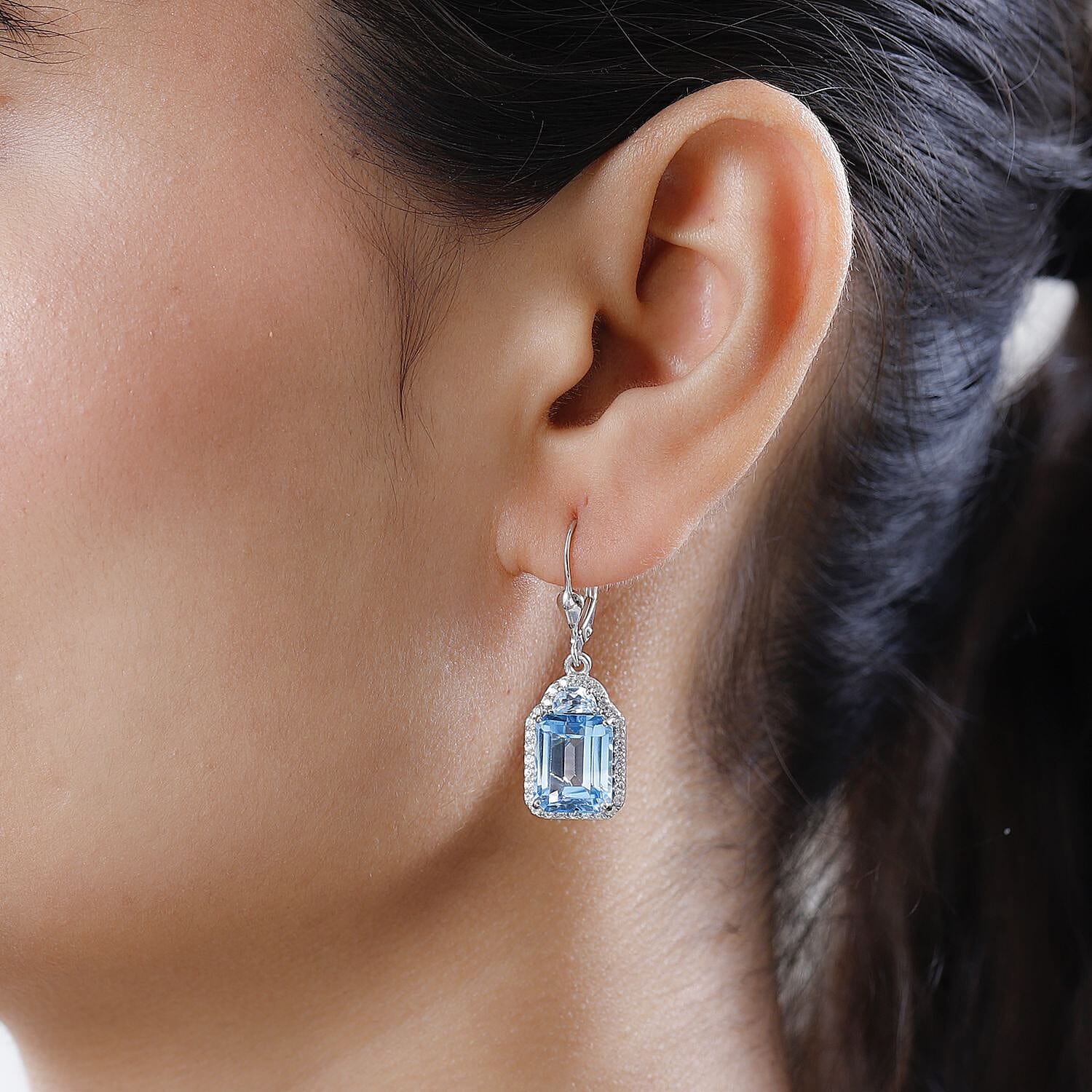 Sky Blue Topaz and White Zircon Lever Back Earrings in Platinum Over Sterling Silver 13.50 ctw