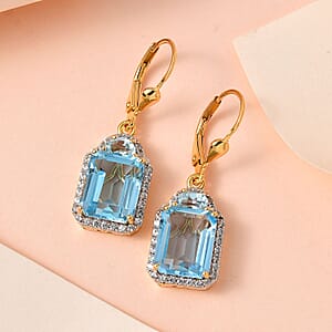 Sky Blue Topaz and White Zircon Lever Back Earrings in Vermeil Yellow Gold Over Sterling Silver 13.50 ctw