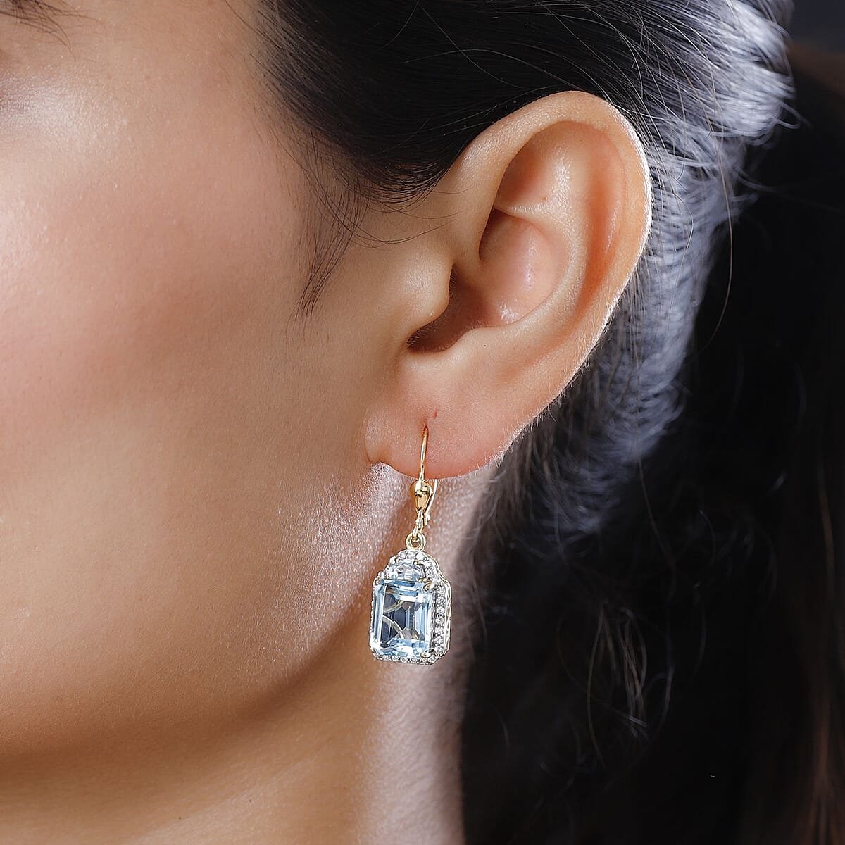 Sky Blue Topaz and White Zircon Lever Back Earrings in Vermeil Yellow Gold Over Sterling Silver 13.50 ctw image number 2