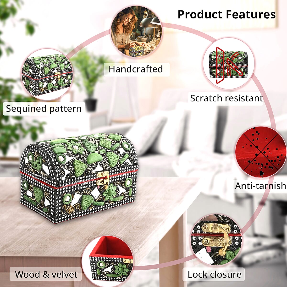 Handmade Green Color Antiqui Dome Shaped Wooden Jewelry Box image number 2