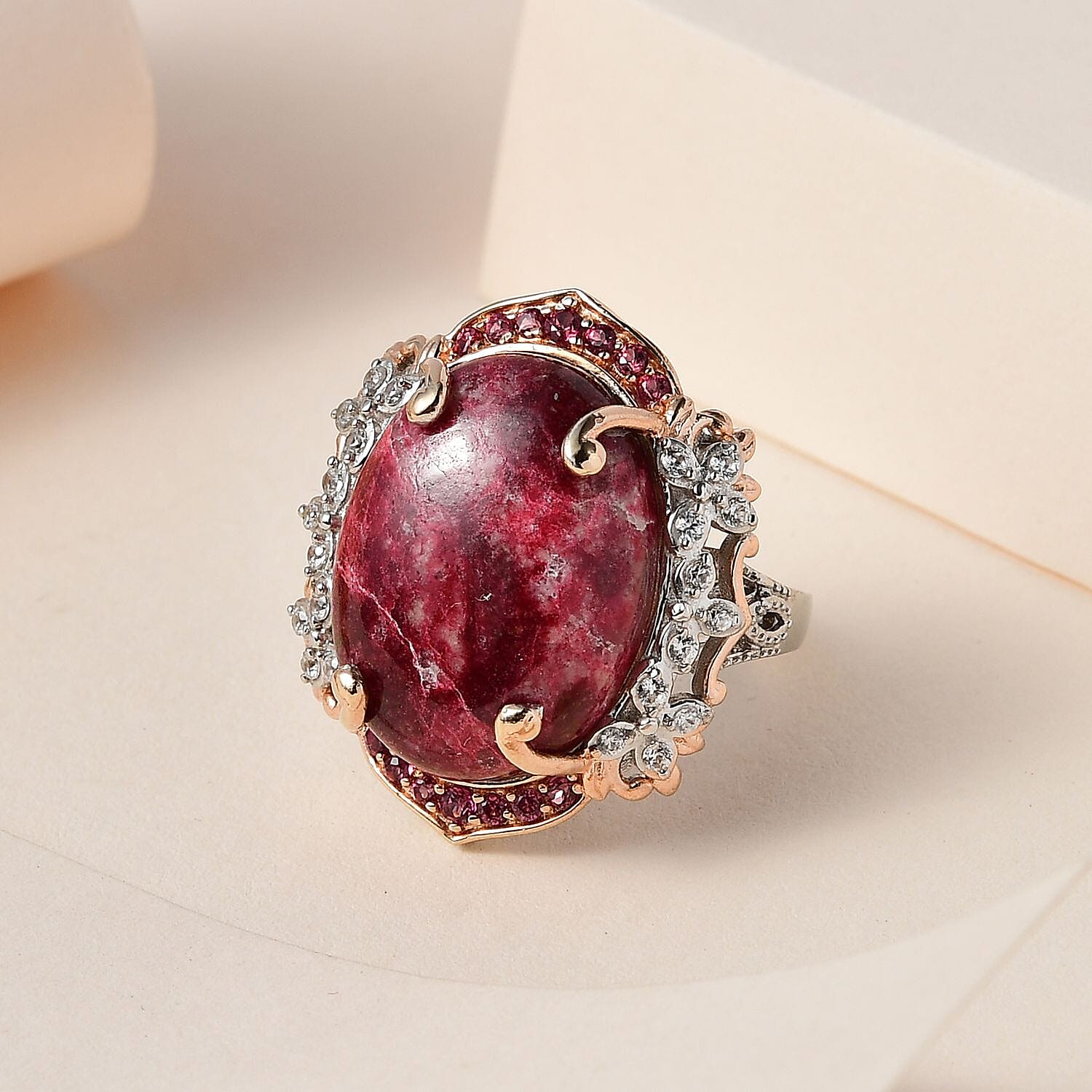 Norwegian Thulite and Multi Gemstone Ring in Vermeil RG and Platinum Over Sterling Silver (Size 10.0) 19.65 ctw