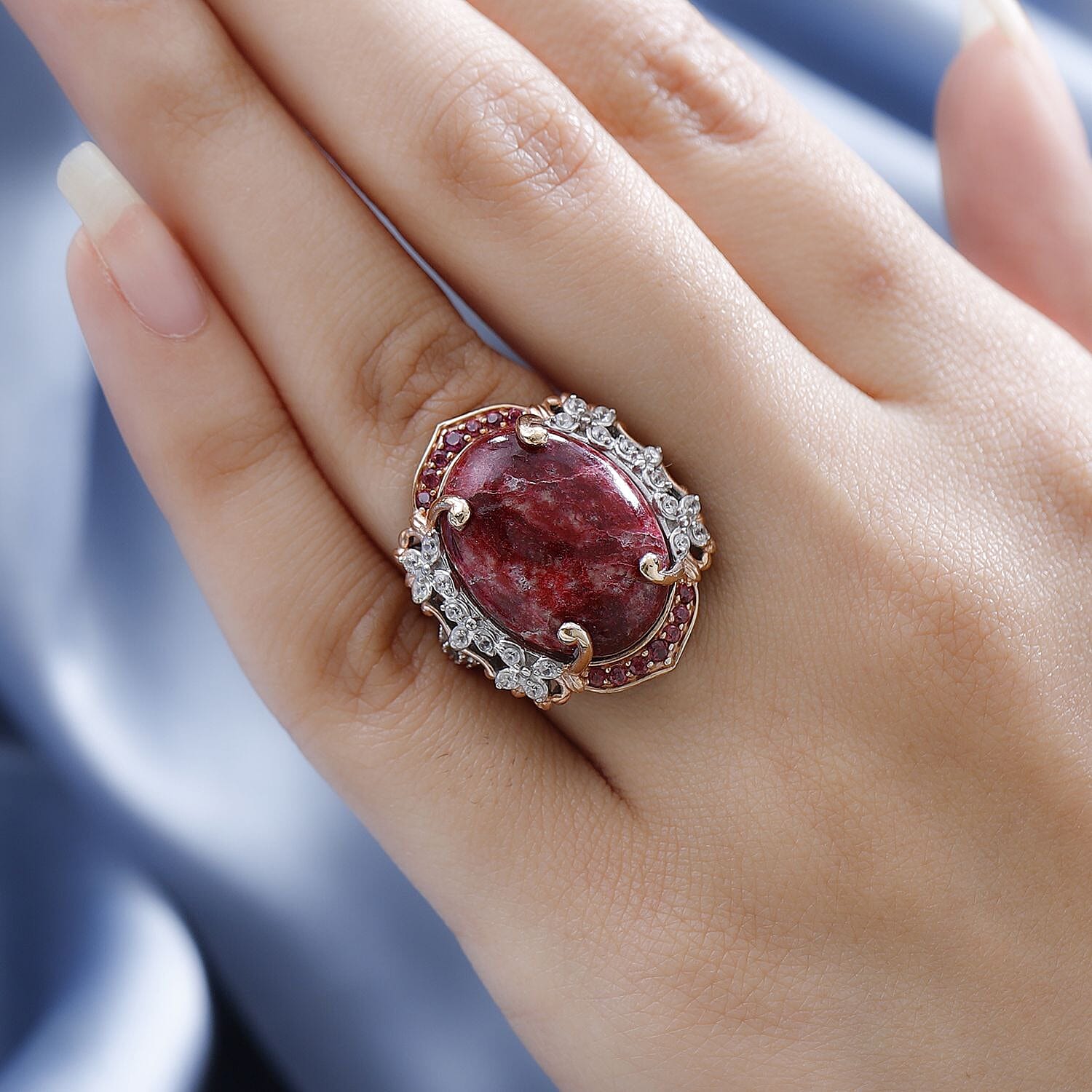Norwegian Thulite and Multi Gemstone Ring in Vermeil RG and Platinum Over Sterling Silver (Size 10.0) 19.65 ctw
