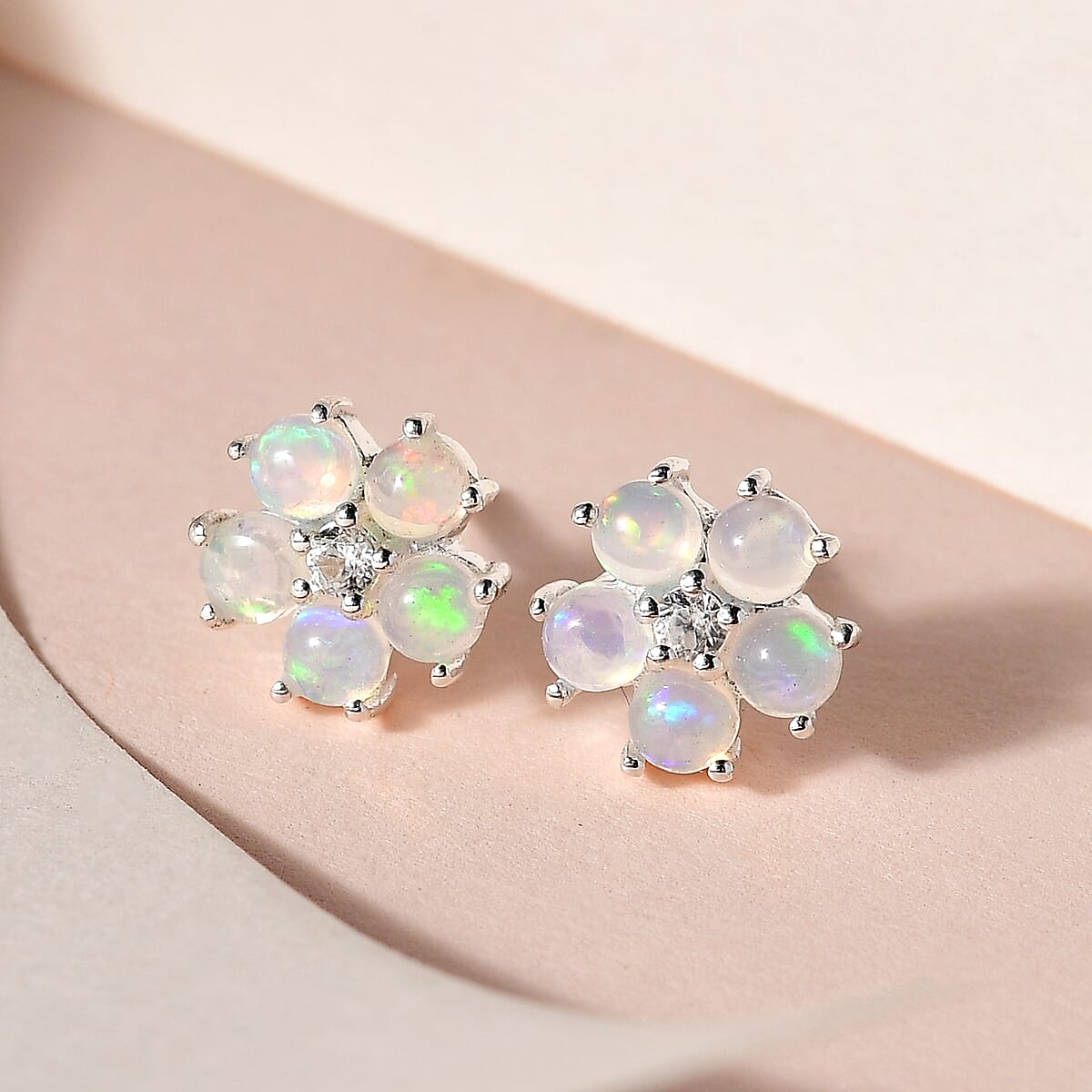 Ethiopian Welo Opal and White Zircon Floral Stud Earrings in Sterling Silver 0.90 ctw image number 1