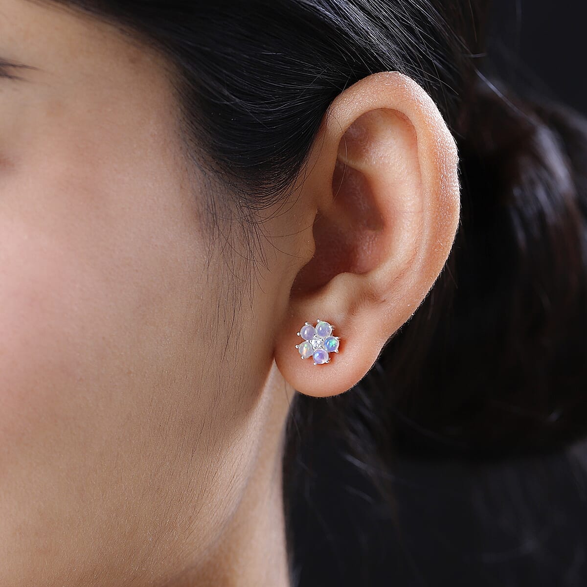 Ethiopian Welo Opal and White Zircon Floral Stud Earrings in Sterling Silver 0.90 ctw image number 2