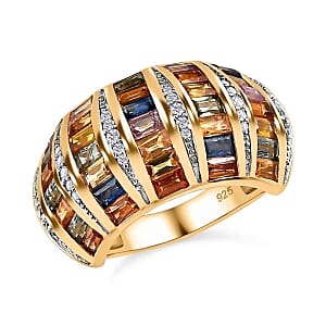 Rainbow Sapphire and White Zircon 5.50 ctw Ring in Vermeil Yellow Gold Over Sterling Silver (Size 6.5) (7.49 g)