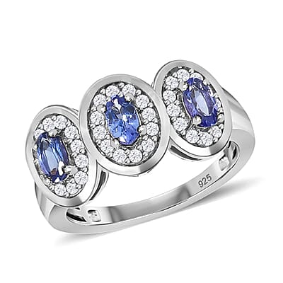 Tanzanite and White Zircon 1.25 ctw Ring in Platinum Over Sterling Silver (Size 6.5)