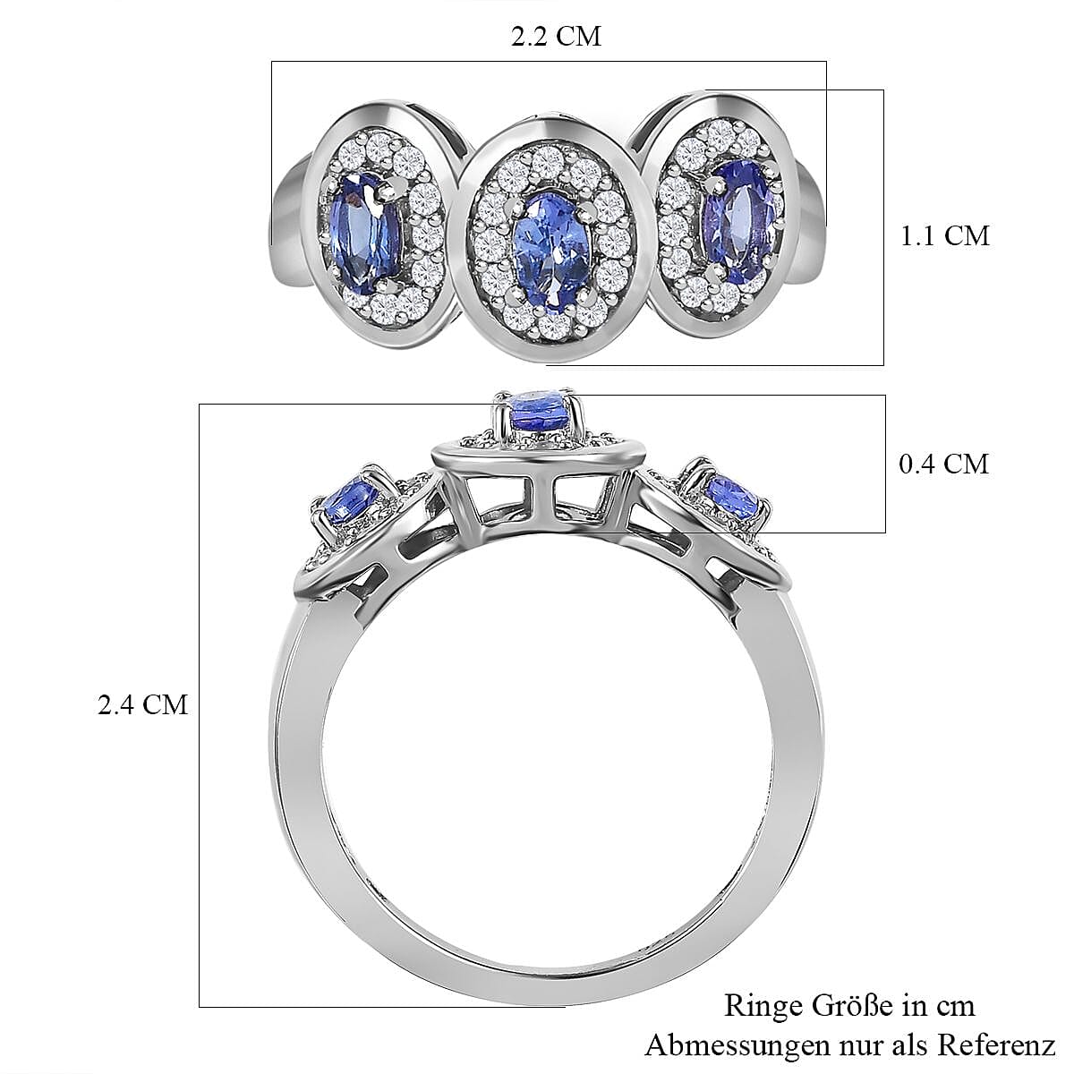 Tanzanite and White Zircon 1.25 ctw Ring in Platinum Over Sterling Silver (Size 6.5)