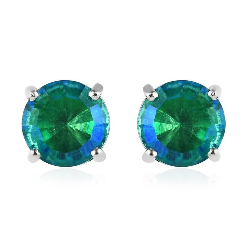 Peacock Quartz (Triplet) Stud Earrings in Platinum Over Sterling Silver 4.35 ctw