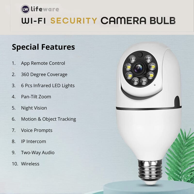 Lifeware WI-FI Security Camera Bulb (Universal Fits All Sockets) , WiFi Light Bulb with Camera , Spy Camera Light Bulb Socket , 360 Camera Bulb , Wireless Light Bulb Camera