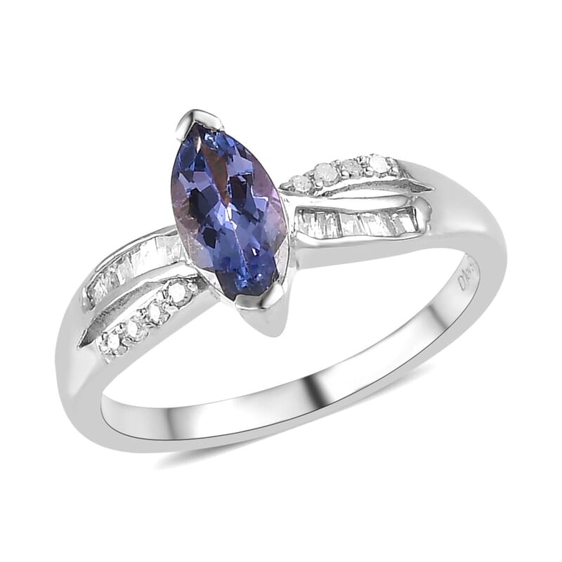 Tanzanite and Diamond Ring in Platinum Over Sterling Silver (Size 10.0) 0.85 ctw