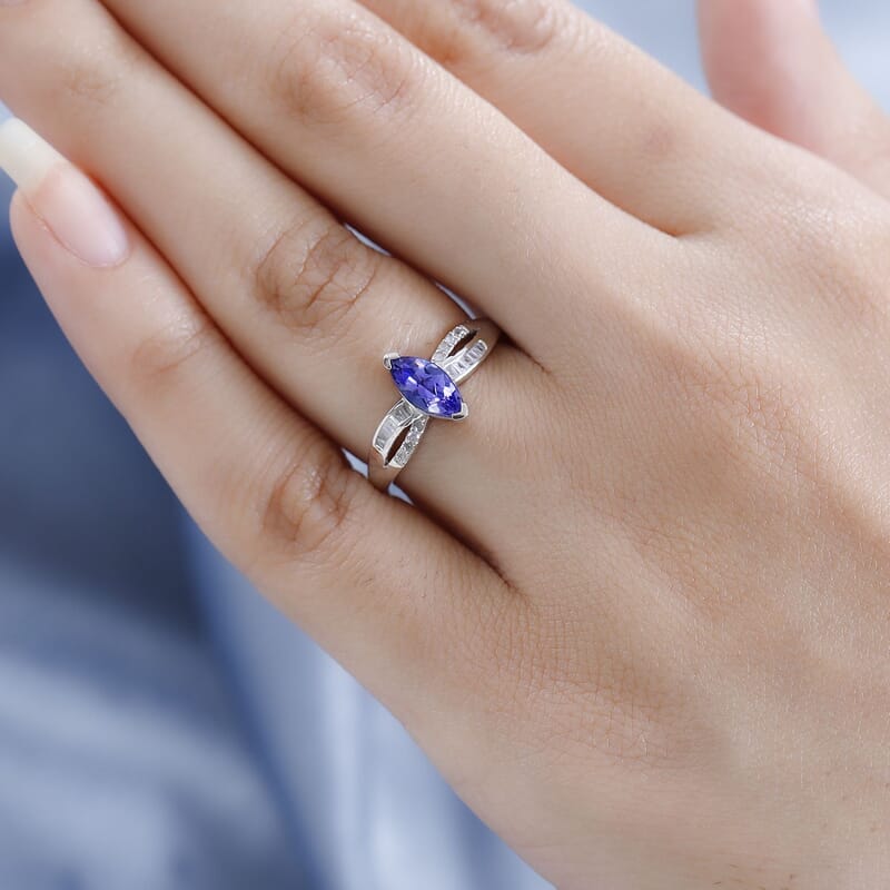 Tanzanite and Diamond Ring in Platinum Over Sterling Silver (Size 10.0) 0.85 ctw