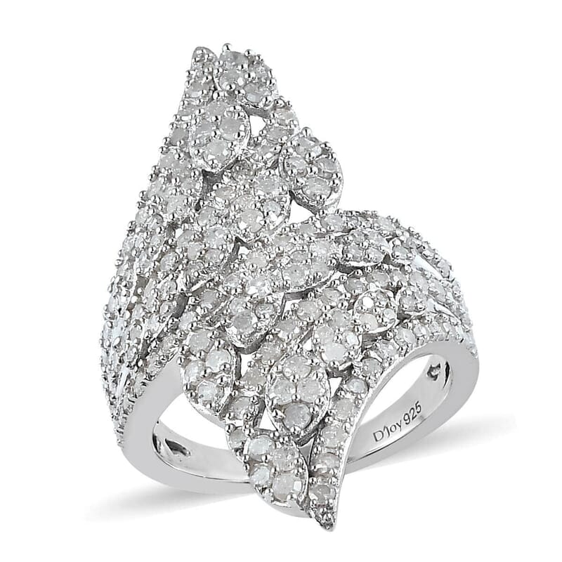 Diamond Bypass Ring in Platinum Over Sterling Silver, Promise Rings (Size 10.0) 1.50 ctw