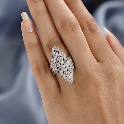 Diamond Bypass Ring in Platinum Over Sterling Silver, Promise Rings (Size 10.0) 1.50 ctw