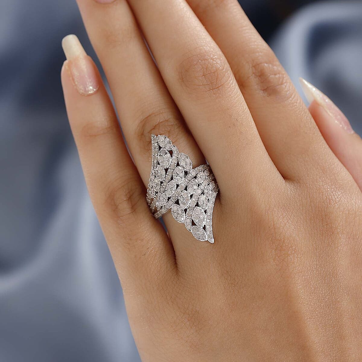 Diamond Bypass Ring in Platinum Over Sterling Silver, Promise Rings (Size 8.0) 1.50 ctw image number 2