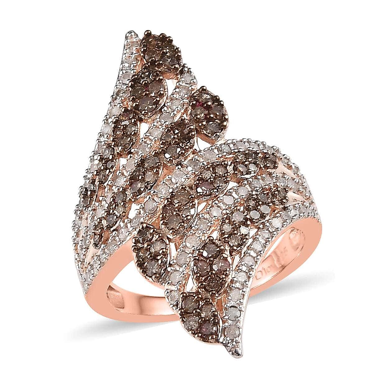 Natural Champagne and White Diamond Bypass Ring in Vermeil RG Over Sterling Silver (Size 10.0) 1.50 ctw