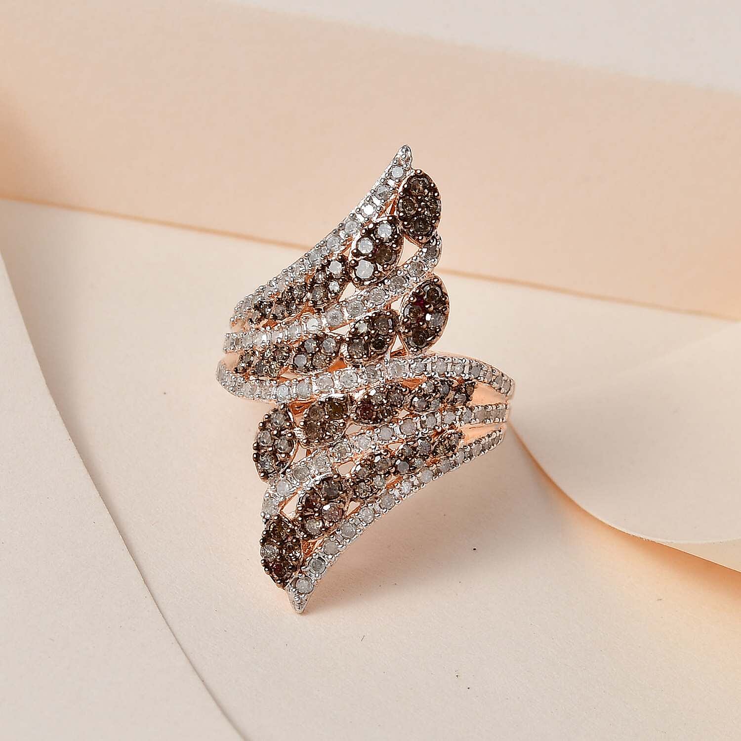 Natural Champagne and White Diamond Bypass Ring in Vermeil RG Over Sterling Silver (Size 10.0) 1.50 ctw