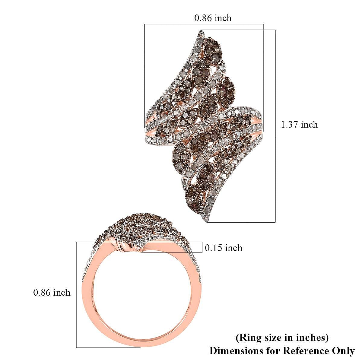 Natural Champagne and White Diamond Bypass Ring in Vermeil RG Over Sterling Silver (Size 10.0) 1.50 ctw