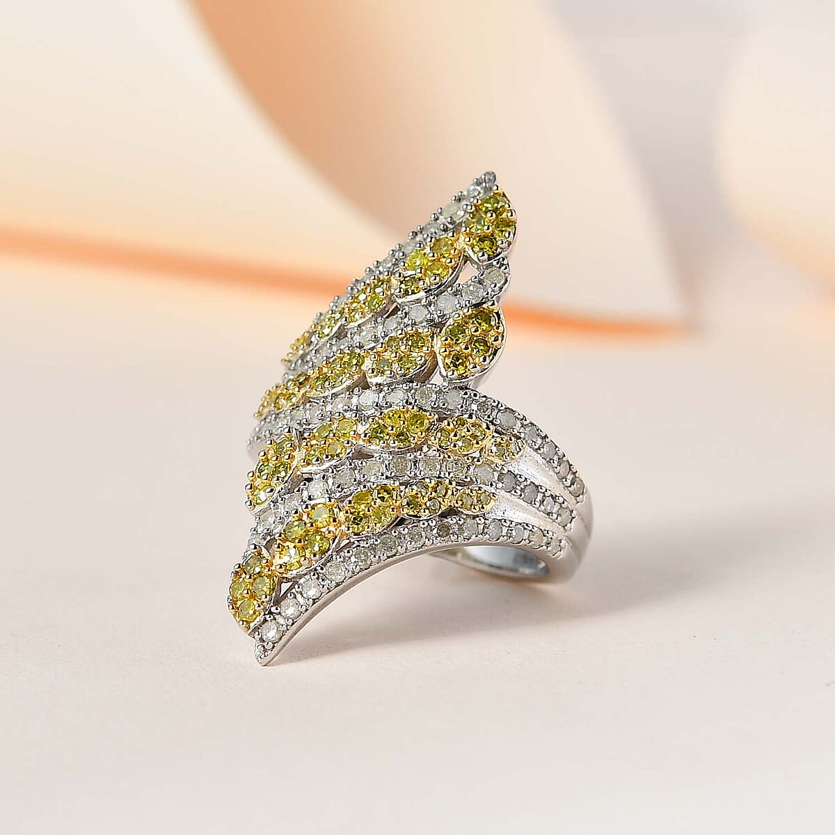 Yellow and White Diamond Bypass Ring in Platinum Over Sterling Silver, Promise Rings (Size 6.0) 1.50 ctw image number 1