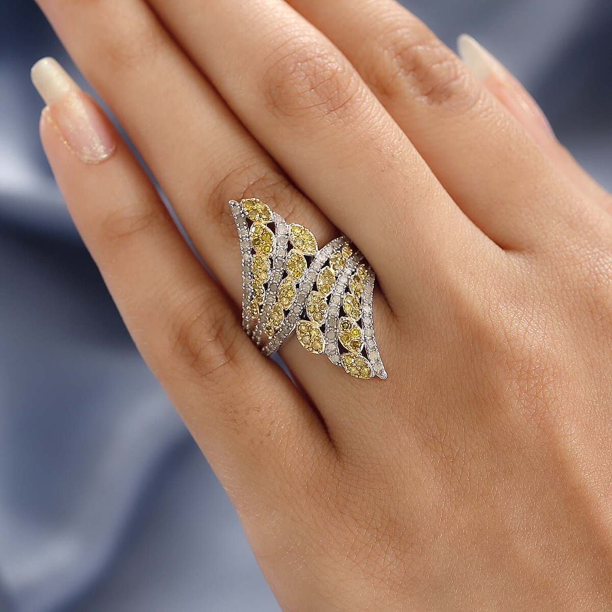 Yellow and White Diamond Bypass Ring in Platinum Over Sterling Silver, Promise Rings (Size 6.0) 1.50 ctw image number 2