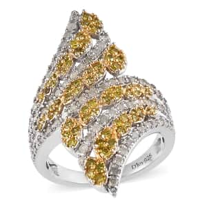 Yellow and White Diamond Bypass Ring in Platinum Over Sterling Silver, Promise Rings (Size 7.0) 1.50 ctw