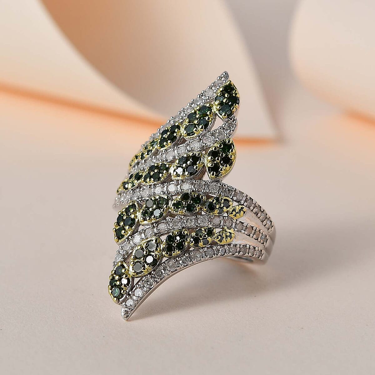 Green and White Diamond Bypass Ring in Platinum Over Sterling Silver, Promise Rings (Size 6.0) 1.50 ctw image number 1