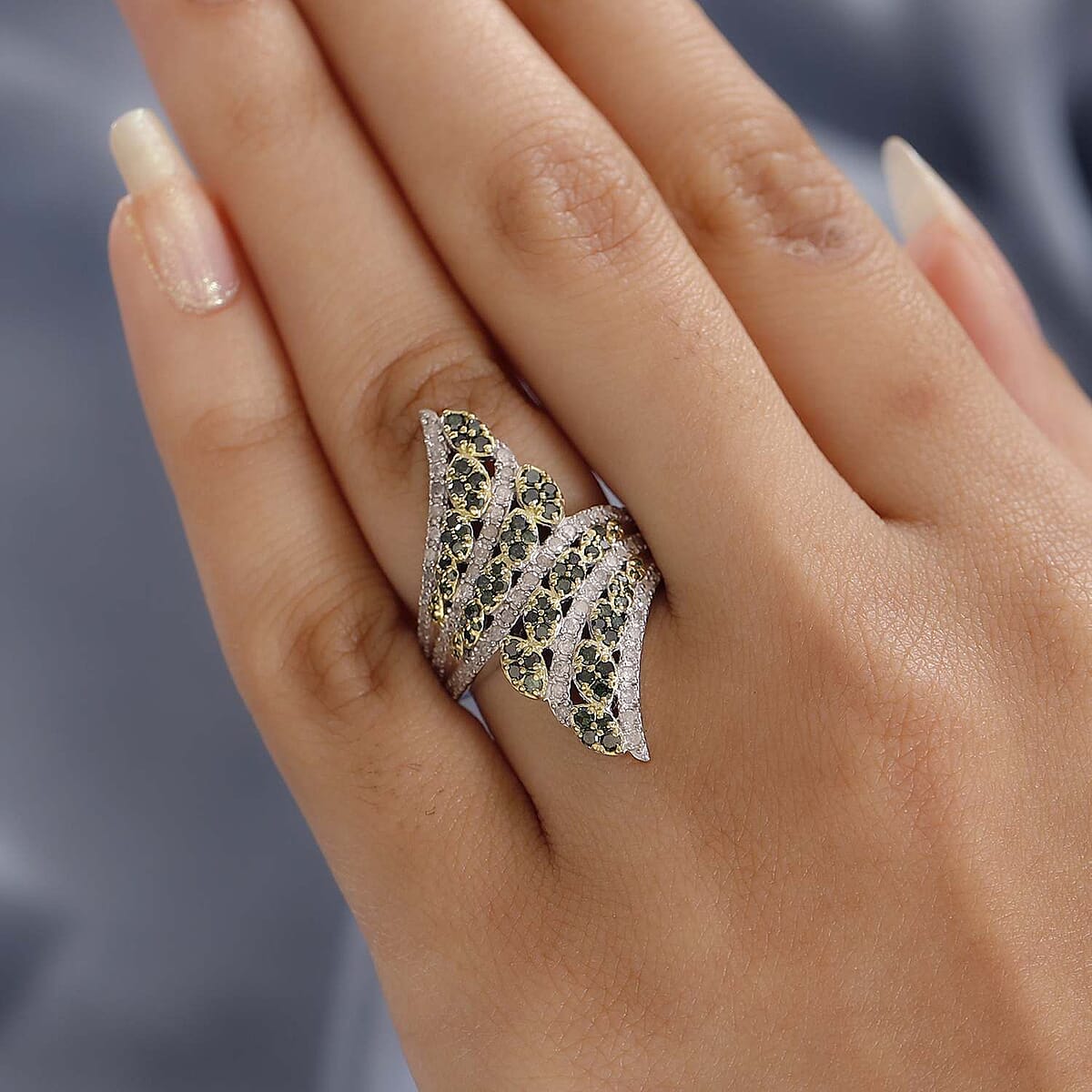 Green and White Diamond Bypass Ring in Platinum Over Sterling Silver, Promise Rings (Size 6.0) 1.50 ctw image number 2