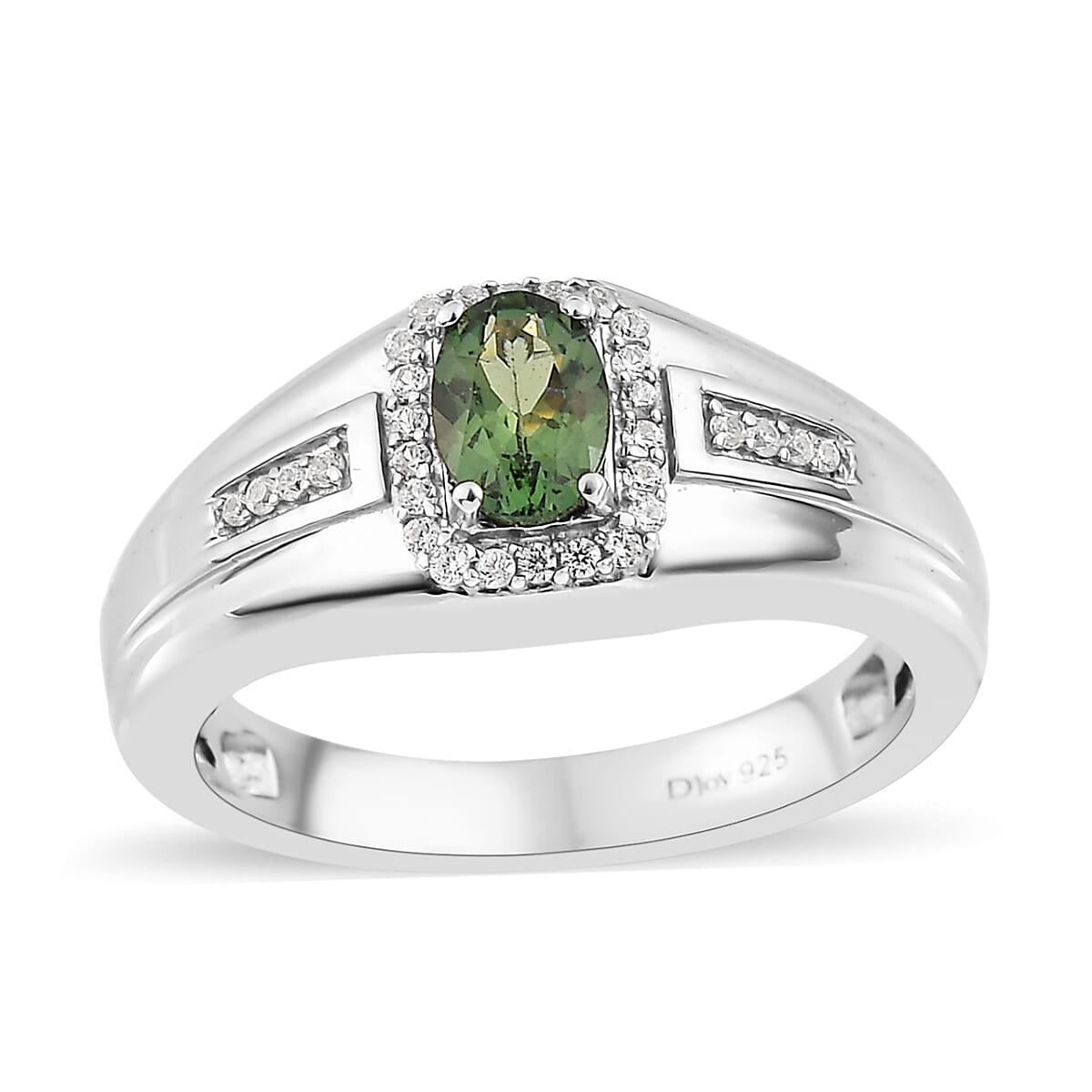 Tanzanian Natural Green Apatite and White Zircon Men's Ring in Platinum Over Sterling Silver (Size 10.0) 1.00 ctw