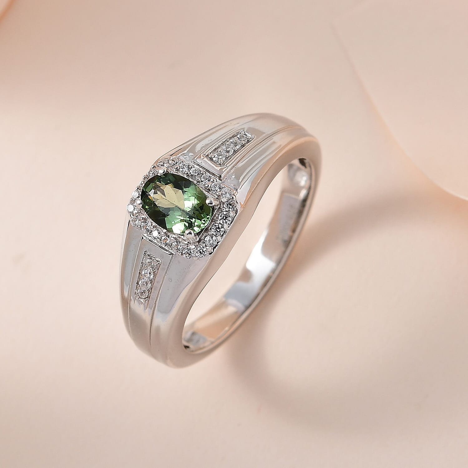 Tanzanian Natural Green Apatite and White Zircon Men's Ring in Platinum Over Sterling Silver (Size 10.0) 1.00 ctw