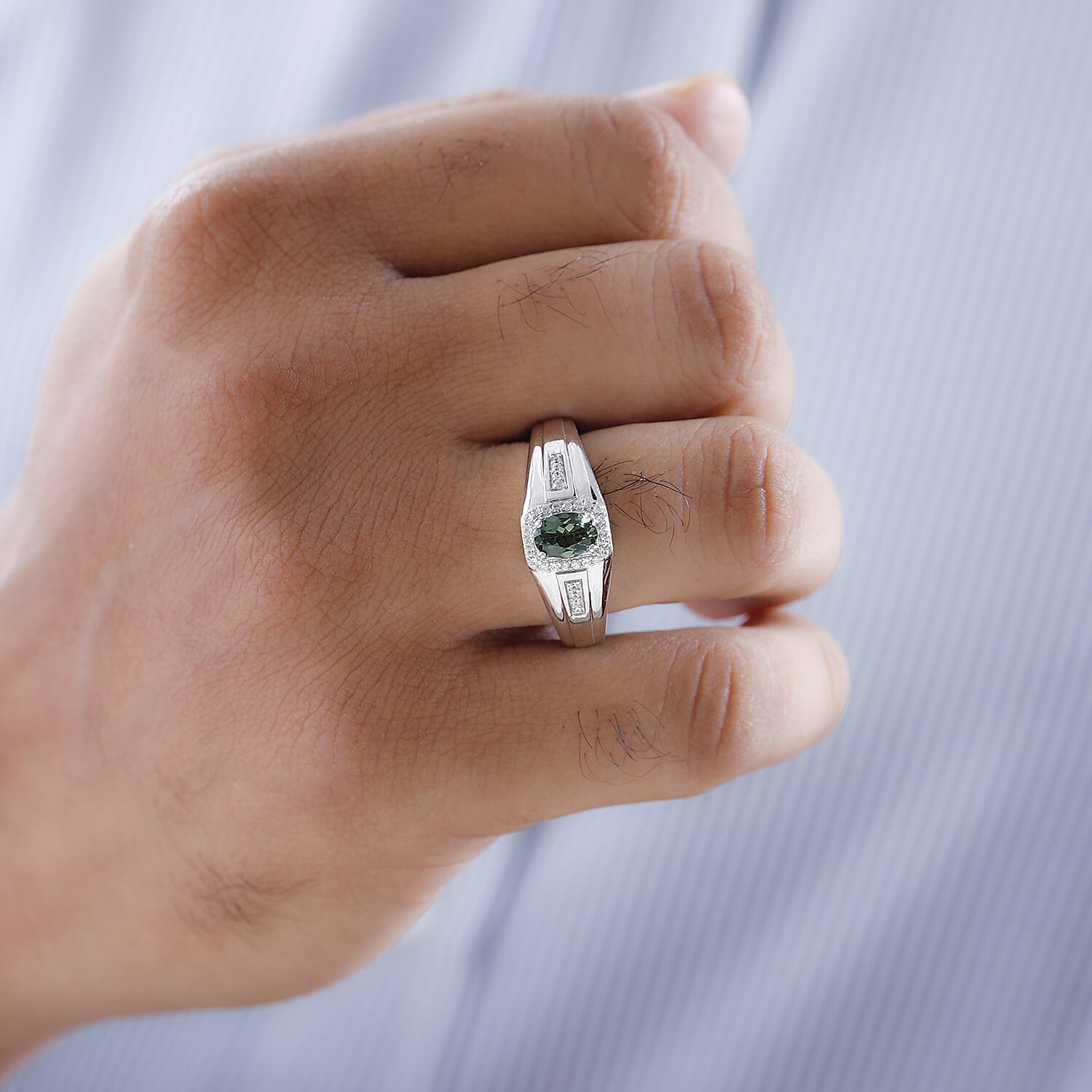 Tanzanian Natural Green Apatite and White Zircon Men's Ring in Platinum Over Sterling Silver (Size 10.0) 1.00 ctw