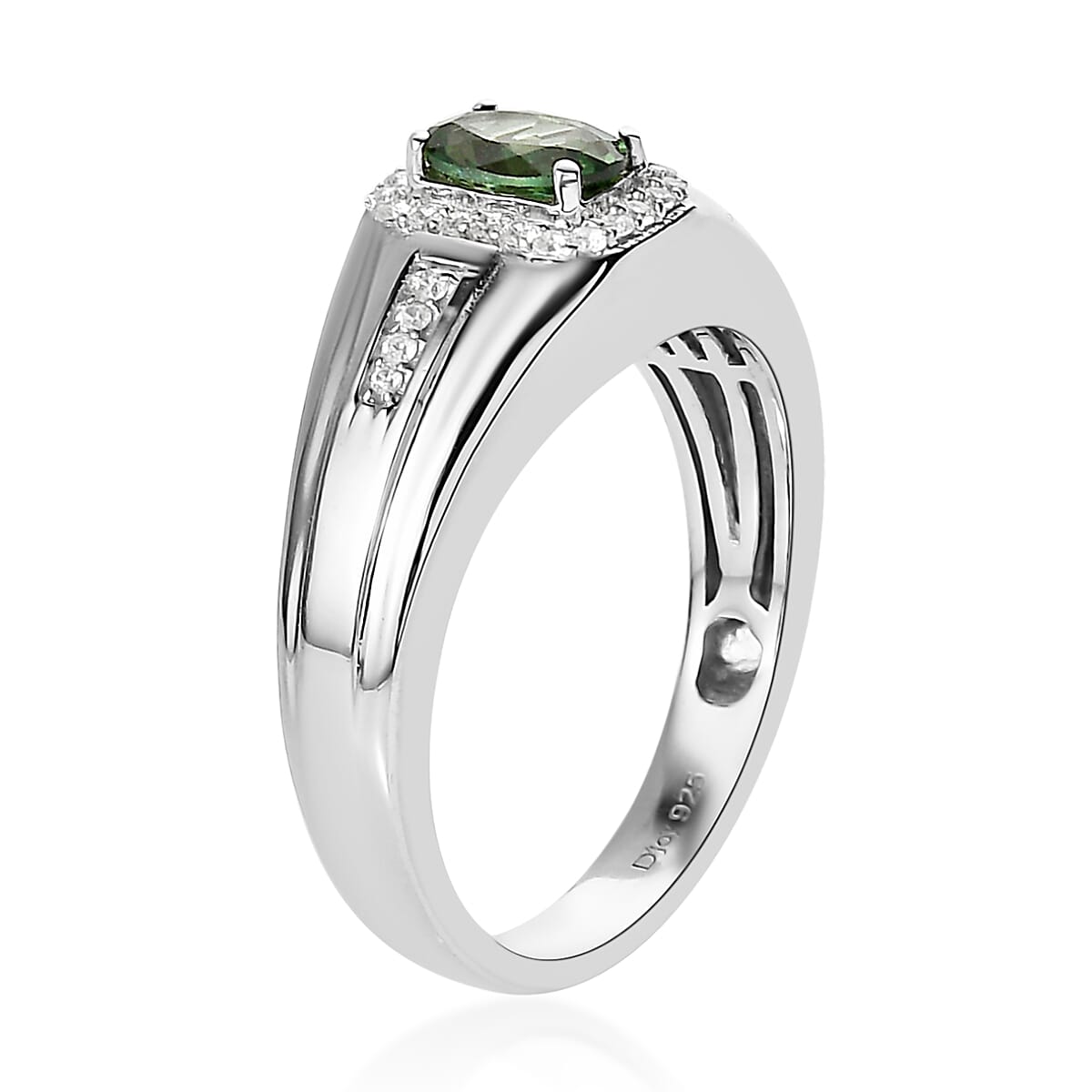Tanzanian Natural Green Apatite and White Zircon Men's Ring in Platinum Over Sterling Silver (Size 10.0) 1.00 ctw