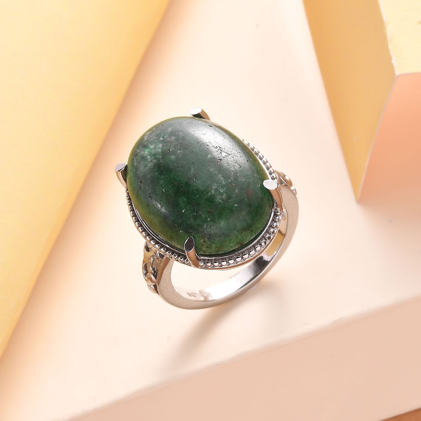 Green Aventurine Solitaire Ring in Stainless Steel (Size 10.0) 16.50 ctw , Tarnish-Free, Waterproof, Sweat Proof Jewelry