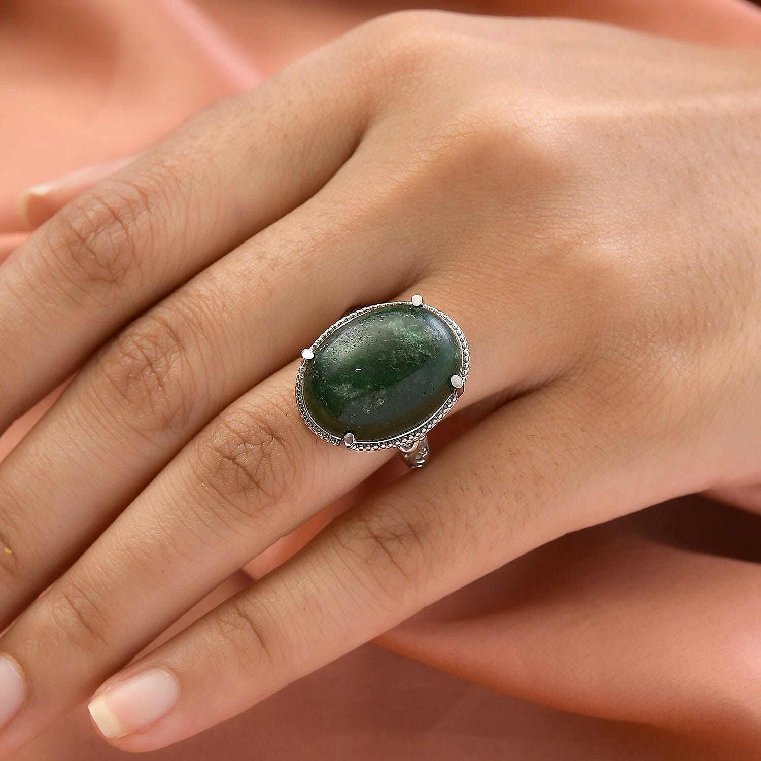 Green Aventurine Solitaire Ring in Stainless Steel (Size 10.0) 16.50 ctw , Tarnish-Free, Waterproof, Sweat Proof Jewelry