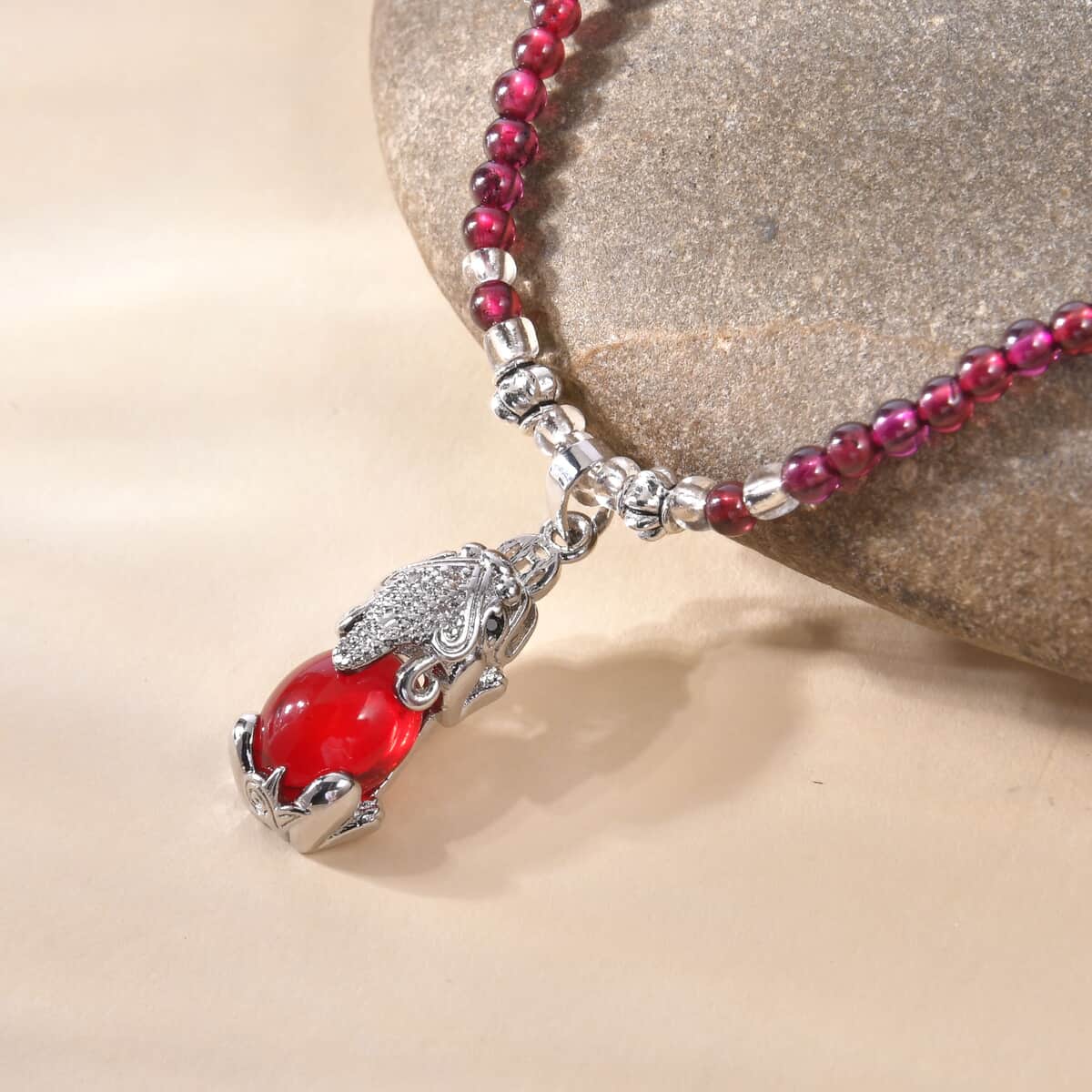 Simulated Ruby and Multi Gemstone Pendant with Mozambique Garnet Beaded Necklace 20 Inches in Silvertone 53.10 ctw image number 1