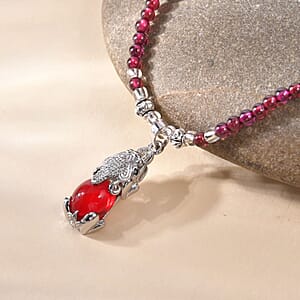 Simulated Ruby and Multi Gemstone Pendant with Mozambique Garnet Beaded Necklace 20 Inches in Silvertone 53.10 ctw