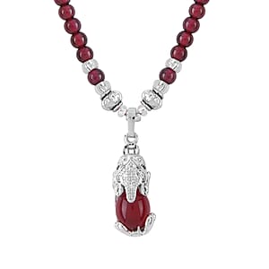 Simulated Ruby and Multi Gemstone Pendant with Mozambique Garnet Beaded Necklace 20 Inches in Silvertone 53.10 ctw