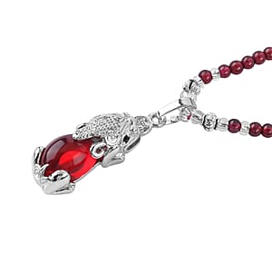 Simulated Ruby and Multi Gemstone Pendant with Mozambique Garnet Beaded Necklace 20 Inches in Silvertone 53.10 ctw