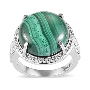 African Malachite Solitaire Ring in Stainless Steel (Size 9.0) 15.00 ctw , Tarnish-Free, Waterproof, Sweat Proof Jewelry