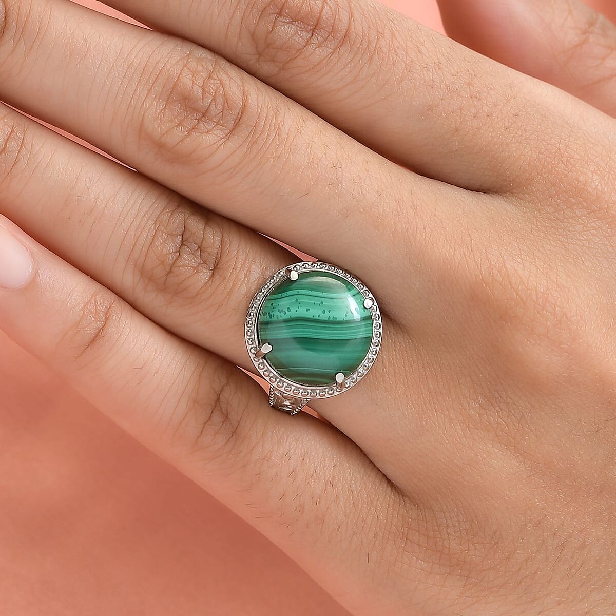 African Malachite Solitaire Ring in Stainless Steel (Size 9.0) 15.00 ctw , Tarnish-Free, Waterproof, Sweat Proof Jewelry image number 2